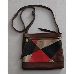 Fossil Fiona Crossbody Brown Black Red Gold Colorblock Leather Crossbody EUC